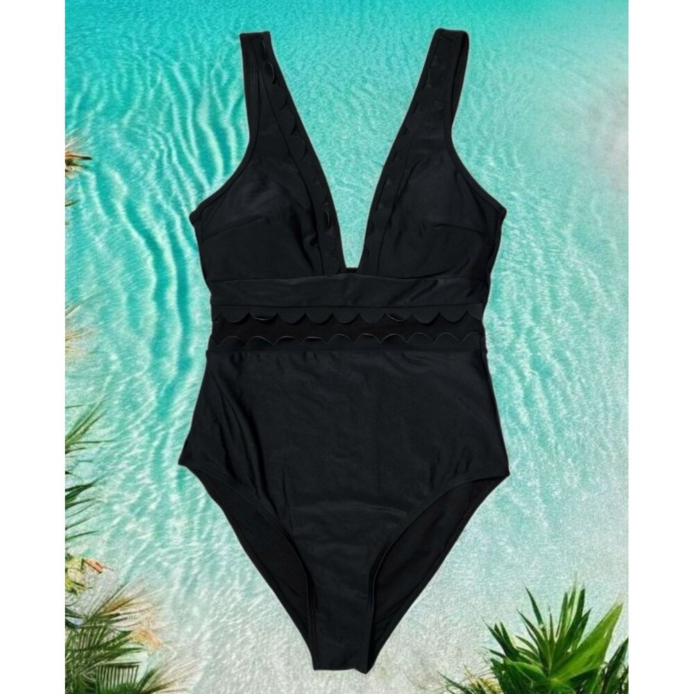 Cupshe One-Piece Swimsuit Black Scalloped V Neck Plunge Mesh Size S Bathing Suit - Picture 1 of 11